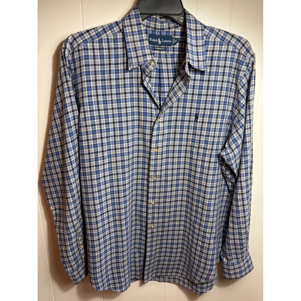Ralph Lauren Classic Fit Plaid Button Down Shirt Mens XL Blue Navy Long Sleeve